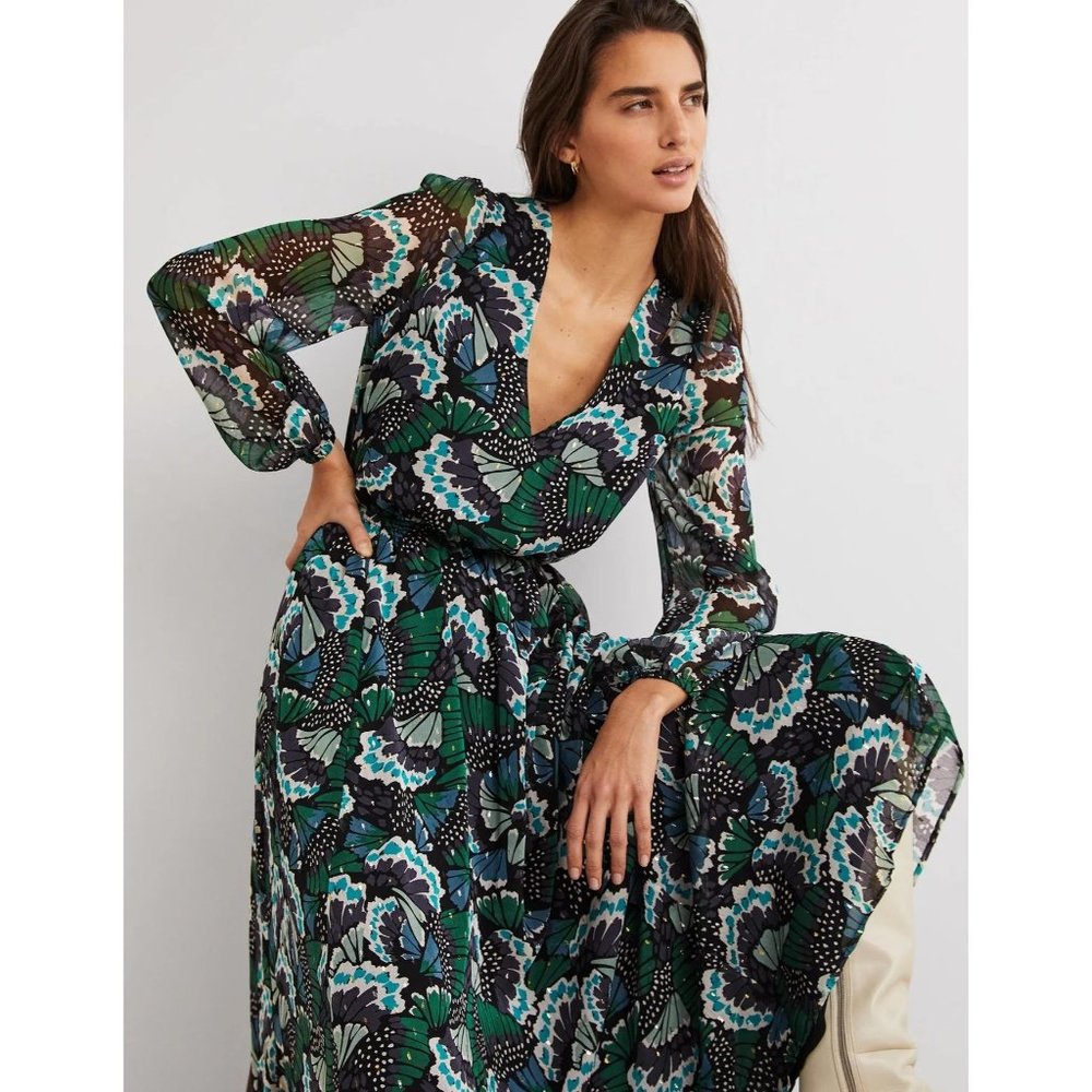 BODEN Dress sz 8P Green Floral Metallic Detail Maxi Dress $190